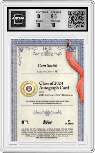 Cam Smith from the 2024 Bowman Draft set graded by Arena Club and given an overall grade of 10.