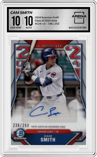 Cam Smith from the 2024 Bowman Draft set graded by Arena Club and given an overall grade of 10.