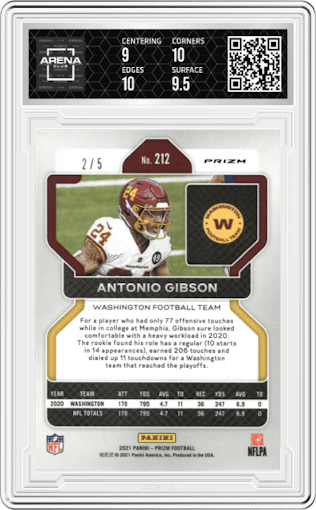 Antonio Gibson from the 2021 Panini Prizm set featuring a Gold Vinyl parallel graded by Arena Club and given an overall grade of 9.5.