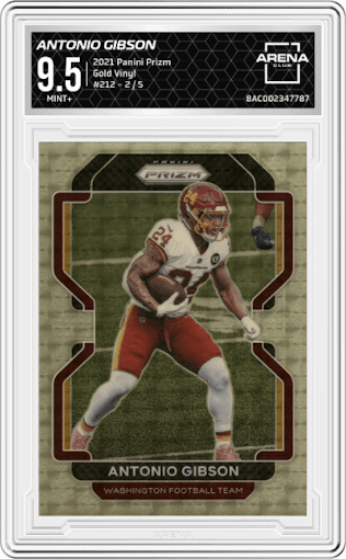Antonio Gibson from the 2021 Panini Prizm set featuring a Gold Vinyl parallel graded by Arena Club and given an overall grade of 9.5.