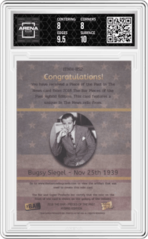 Bugsy Siegel from the 2018 Pieces of the Past Hybrid Edition set graded by Arena Club and given an overall grade of 8.5.