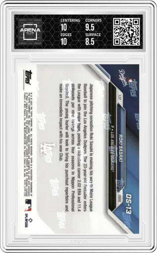 Roki Sasaki from the 2024-25 Topps Now Off-Season set graded by Arena Club and given an overall grade of 9.