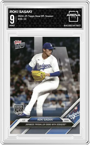 Roki Sasaki from the 2024-25 Topps Now Off-Season set graded by Arena Club and given an overall grade of 9.
