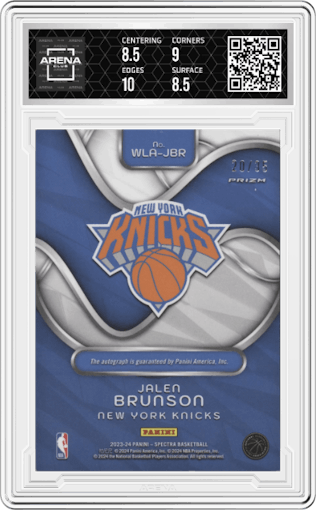 Jalen Brunson from the 2023-24 Panini Spectra set featuring a Astral parallel graded by Arena Club and given an overall grade of 9.