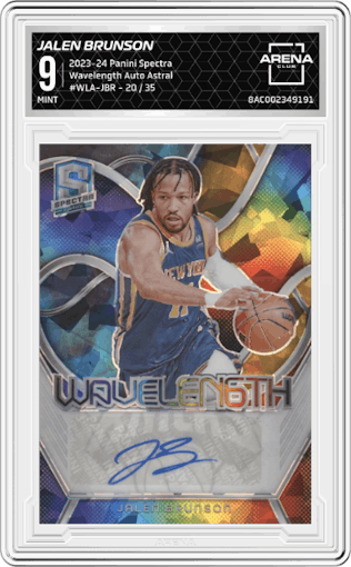 Jalen Brunson from the 2023-24 Panini Spectra set featuring a Astral parallel graded by Arena Club and given an overall grade of 9.
