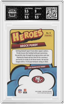 Brock Purdy from the 2024 Panini Prestige  set graded by Arena Club and given an overall grade of 9.5.