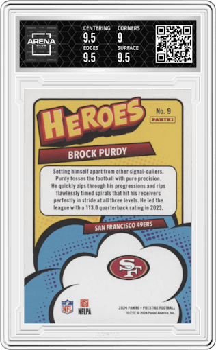 Brock Purdy from the 2024 Panini Prestige  set graded by Arena Club and given an overall grade of 9.5.