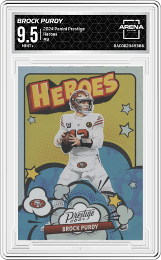 Brock Purdy from the 2024 Panini Prestige  set graded by Arena Club and given an overall grade of 9.5.
