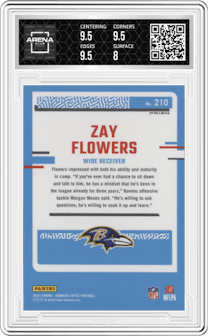 Zay Flowers from the 2023 Donruss Optic set featuring a Hyper Blue parallel graded by Arena Club and given an overall grade of 8.5.