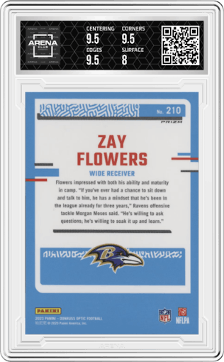 Zay Flowers from the 2023 Donruss Optic set featuring a Hyper Blue parallel graded by Arena Club and given an overall grade of 8.5.