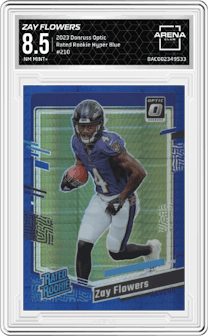 Zay Flowers from the 2023 Donruss Optic set featuring a Hyper Blue parallel graded by Arena Club and given an overall grade of 8.5.