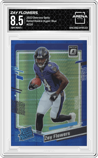 Zay Flowers from the 2023 Donruss Optic set featuring a Hyper Blue parallel graded by Arena Club and given an overall grade of 8.5.