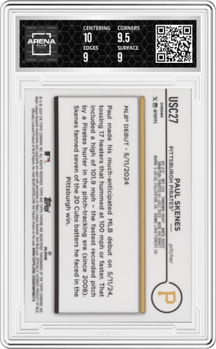 Paul Skenes from the 2024 Topps Chrome Update set graded by Arena Club and given an overall grade of 9.5.