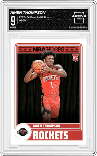 Amen Thompson from the 2023-24 Panini NBA Hoops set graded by Arena Club and given an overall grade of 9.