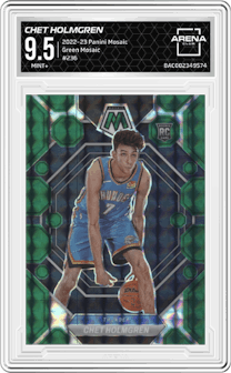 Chet Holmgren from the 2022-23 Panini Mosaic set featuring a Green Mosaic parallel graded by Arena Club and given an overall grade of 9.5.