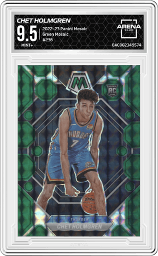 Chet Holmgren from the 2022-23 Panini Mosaic set featuring a Green Mosaic parallel graded by Arena Club and given an overall grade of 9.5.