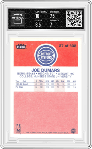 Joe Dumars from the 1986-87 Fleer set graded by Arena Club and given an overall grade of 7.5.