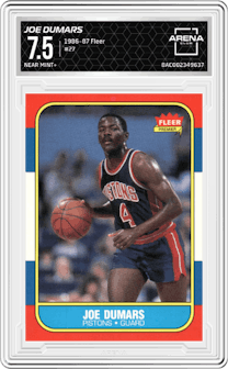 Joe Dumars from the 1986-87 Fleer set graded by Arena Club and given an overall grade of 7.5.
