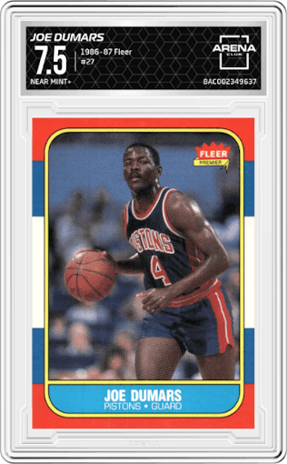 Joe Dumars from the 1986-87 Fleer set graded by Arena Club and given an overall grade of 7.5.
