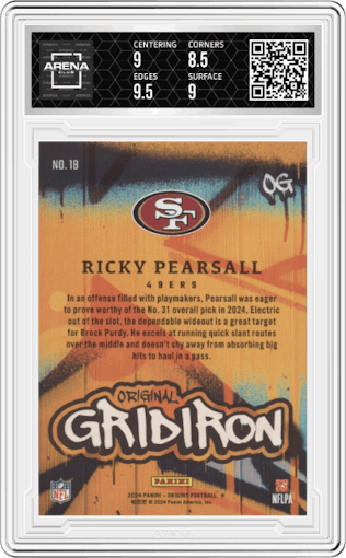 Ricky Pearsall from the 2024 Panini Origins set graded by Arena Club and given an overall grade of 9.