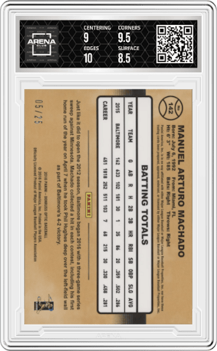 Manny Machado from the 2016 Donruss Optic set featuring a Black parallel graded by Arena Club and given an overall grade of 9.