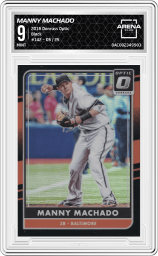 Manny Machado from the 2016 Donruss Optic set featuring a Black parallel graded by Arena Club and given an overall grade of 9.