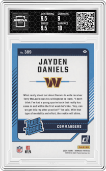 Jayden Daniels from the 2024 Donruss set graded by Arena Club and given an overall grade of 9.5.