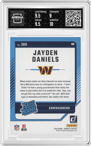 Jayden Daniels from the 2024 Donruss set graded by Arena Club and given an overall grade of 9.5.