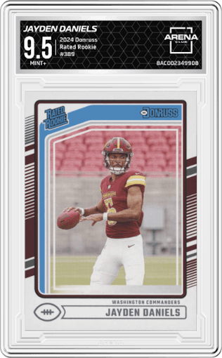 Jayden Daniels from the 2024 Donruss set graded by Arena Club and given an overall grade of 9.5.