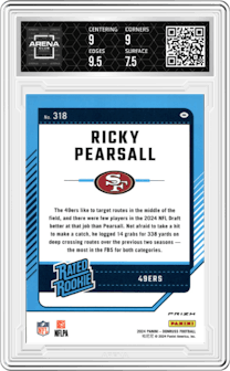 Ricky Pearsall from the 2024 Donruss set featuring a Red Pandora parallel graded by Arena Club and given an overall grade of 8.