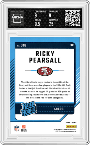 Ricky Pearsall from the 2024 Donruss set featuring a Red Pandora parallel graded by Arena Club and given an overall grade of 8.