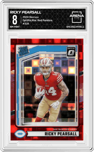 Ricky Pearsall from the 2024 Donruss set featuring a Red Pandora parallel graded by Arena Club and given an overall grade of 8.