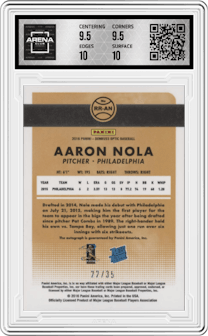 Aaron Nola from the 2016 Donruss Optic set featuring a Carolina Blue parallel graded by Arena Club and given an overall grade of 10.