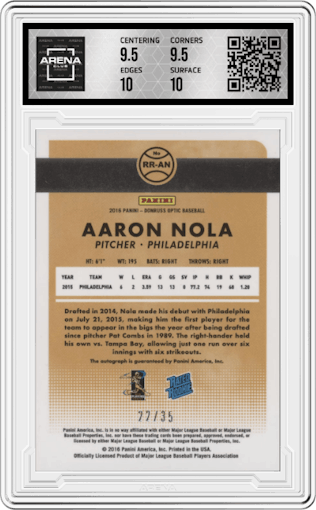 Aaron Nola from the 2016 Donruss Optic set featuring a Carolina Blue parallel graded by Arena Club and given an overall grade of 10.