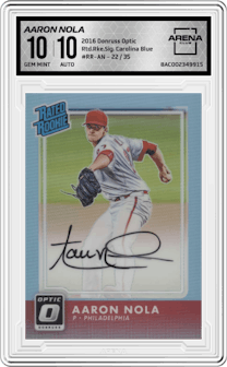 Aaron Nola from the 2016 Donruss Optic set featuring a Carolina Blue parallel graded by Arena Club and given an overall grade of 10.