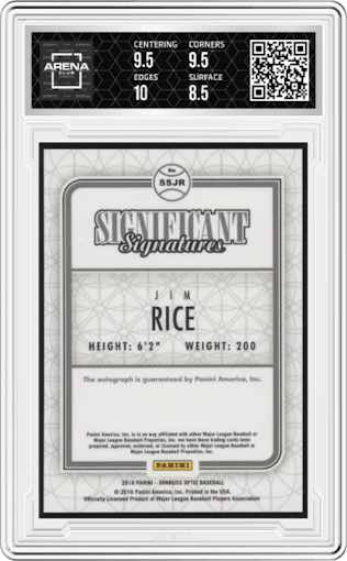 Jim Rice  from the 2016 Donruss Optic set graded by Arena Club and given an overall grade of 9.