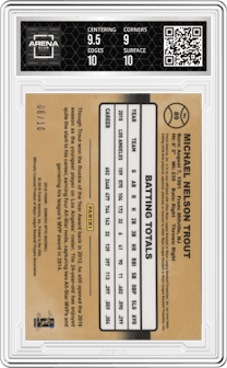 Mike Trout from the 2016 Donruss Optic set featuring a Gold parallel graded by Arena Club and given an overall grade of 9.5.
