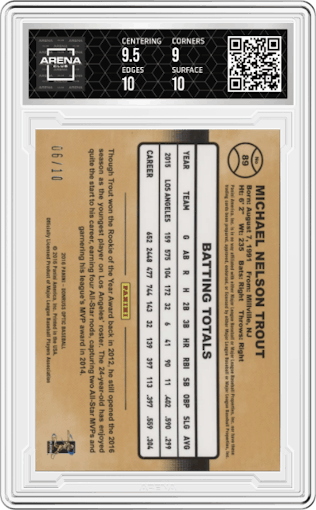Mike Trout from the 2016 Donruss Optic set featuring a Gold parallel graded by Arena Club and given an overall grade of 9.5.