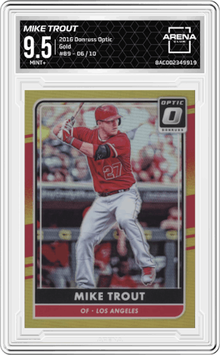 Mike Trout from the 2016 Donruss Optic set featuring a Gold parallel graded by Arena Club and given an overall grade of 9.5.
