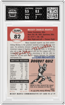 Mickey Mantle from the 1996 Topps set featuring a W/ Coating parallel graded by Arena Club and given an overall grade of 7.5.
