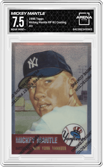 Mickey Mantle from the 1996 Topps set featuring a W/ Coating parallel graded by Arena Club and given an overall grade of 7.5.