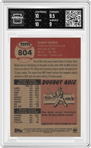 Barry Bonds from the Ultimate Topps Living Set   set graded by Arena Club and given an overall grade of 9.5.