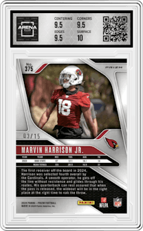 Marvin Harrison Jr. from the 2024 Panini Prizm set featuring a Choice Cherry Blossom Prizm parallel and given an overall grade of 10.