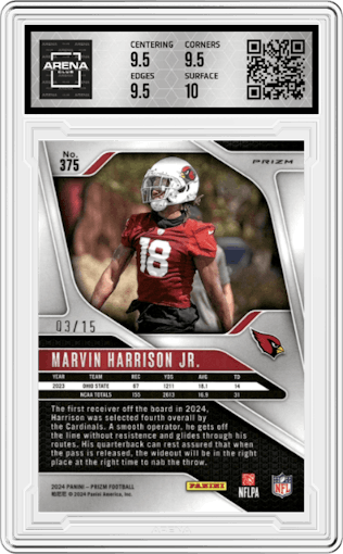 Marvin Harrison Jr. from the 2024 Panini Prizm set featuring a Choice Cherry Blossom Prizm parallel graded by Arena Club and given an overall grade of 10.