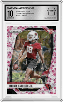 Marvin Harrison Jr. from the 2024 Panini Prizm set featuring a Choice Cherry Blossom Prizm parallel and given an overall grade of 10.