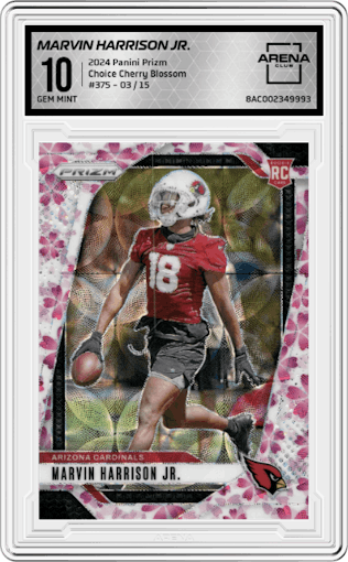 Marvin Harrison Jr. from the 2024 Panini Prizm set featuring a Choice Cherry Blossom Prizm parallel graded by Arena Club and given an overall grade of 10.