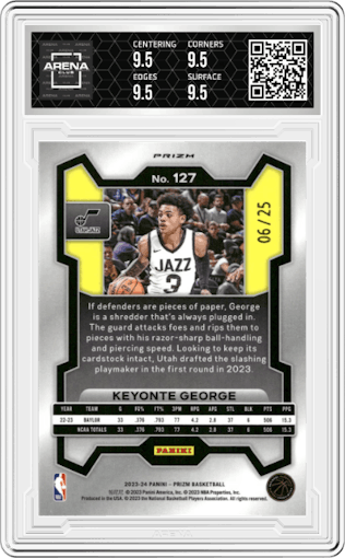 Keyonte George from the 2023-24 Panini Prizm set featuring a Mojo parallel graded by Arena Club and given an overall grade of 9.5.