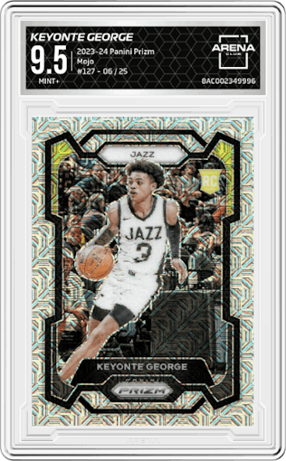 Keyonte George from the 2023-24 Panini Prizm set featuring a Mojo parallel graded by Arena Club and given an overall grade of 9.5.