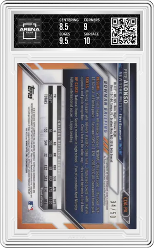 Pete Alonso from the 2016 Bowman Draft set featuring a Gold Refractor parallel graded by Arena Club and given an overall grade of 9.