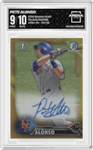 Pete Alonso from the 2016 Bowman Draft set featuring a Gold Refractor parallel graded by Arena Club and given an overall grade of 9.